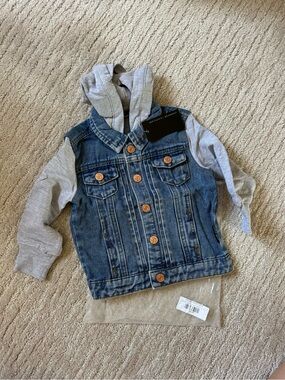 Little Bipsy Blue Denim Jacket with Grey Hoodie Sleeves